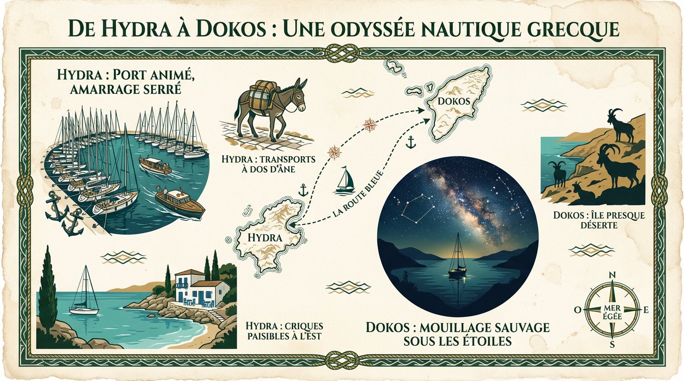 Voilier au mouillage dans les eaux cristallines entre les îles d'Hydra et Dokos