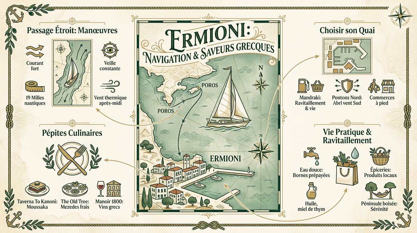 Vue du port d'Ermioni sur la péninsule grecque avec des voiliers amarrés cul à quai