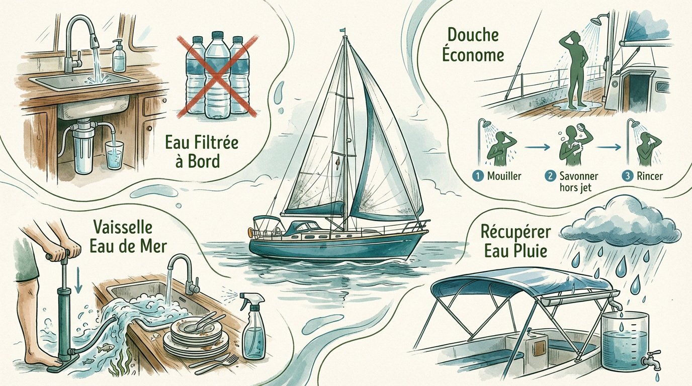 Gestion de l'eau douce et voile écoresponsable à bord d'un voilier de 11 mètres