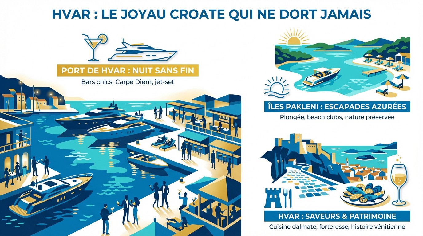 Voiliers au mouillage devant la ville de Hvar en Croatie au coucher du soleil