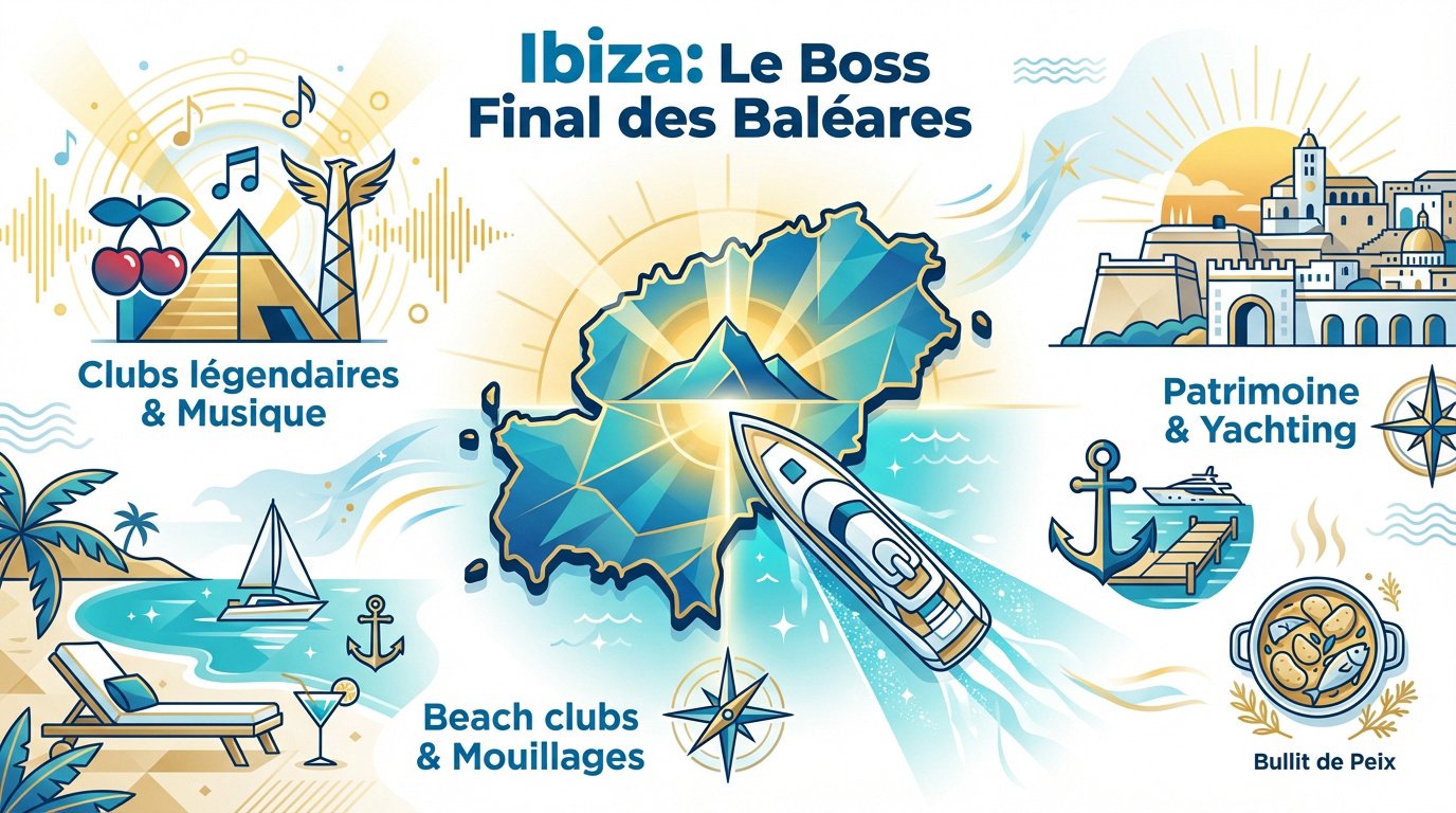 Vue aérienne d'Ibiza avec des voiliers au mouillage dans des eaux turquoise