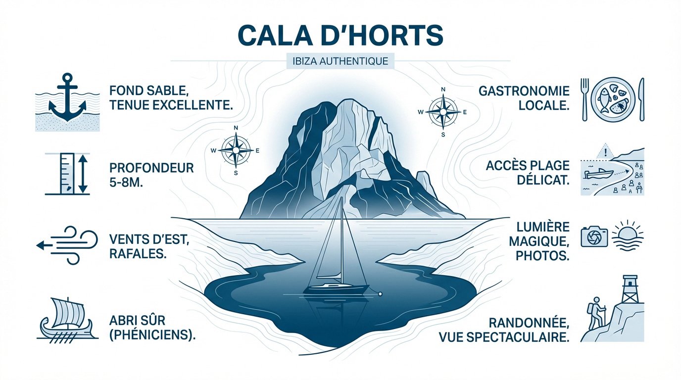 Vue panoramique sur le rocher d'Es Vedrà depuis le mouillage de Cala d'Hort à Ibiza