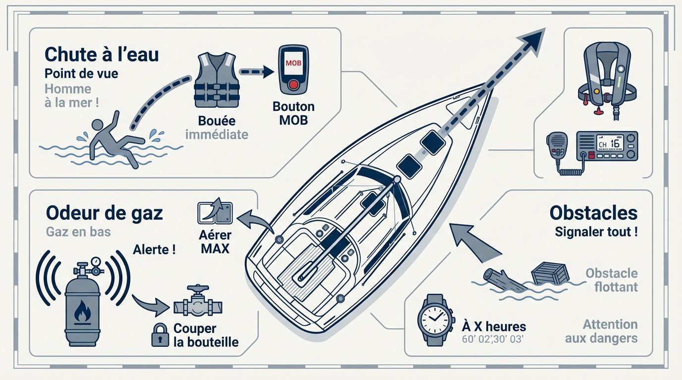 Infographie récapitulative des dangers en mer et procédures de sécurité à bord d'un voilier