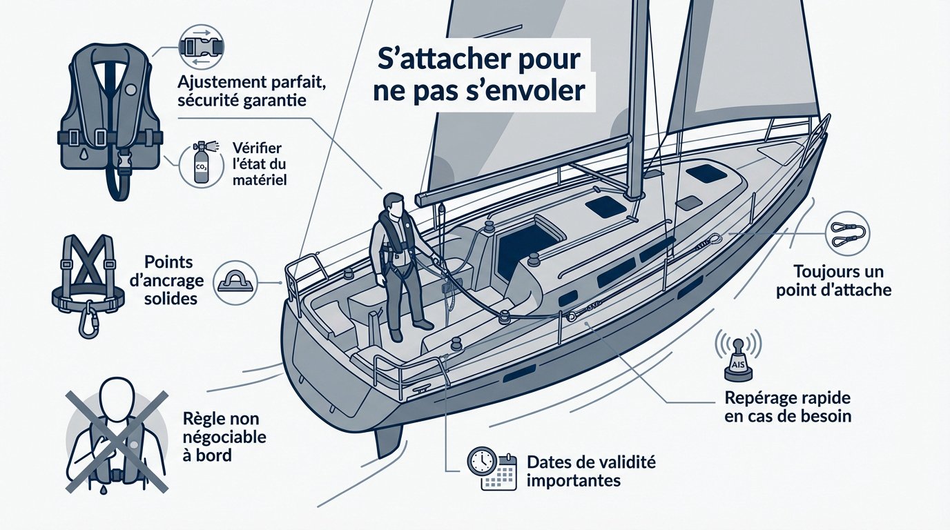 Infographie sur les équipements de sécurité et l'importance de s'attacher à bord d'un voilier