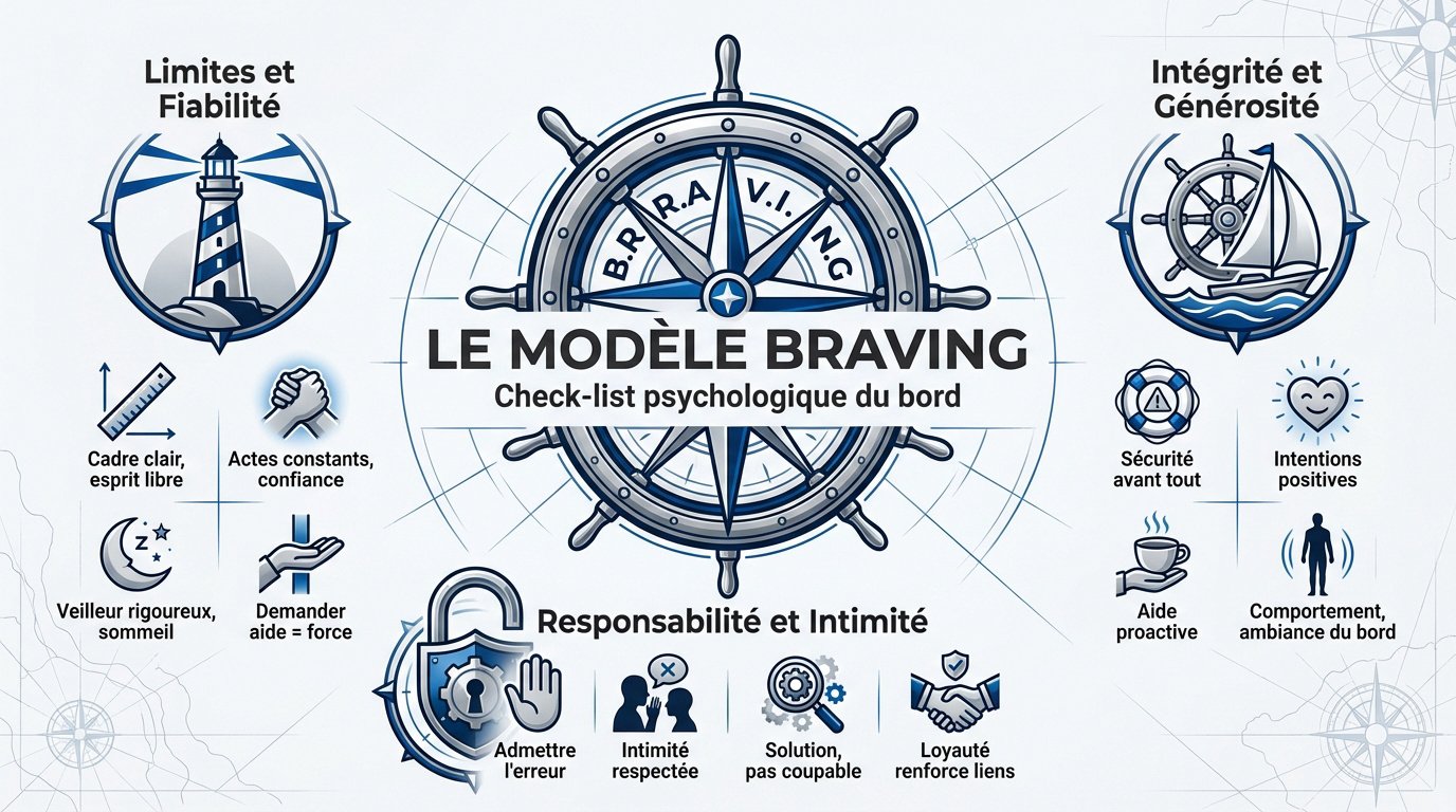 Illustration du modèle BRAVING pour la confiance en équipage sur un voilier