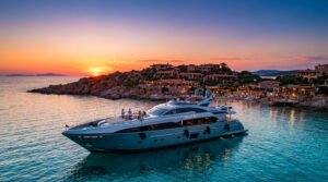 Yacht "Aurora" en mer turquoise devant un village festif méditerranéen illuminé au coucher du soleil.