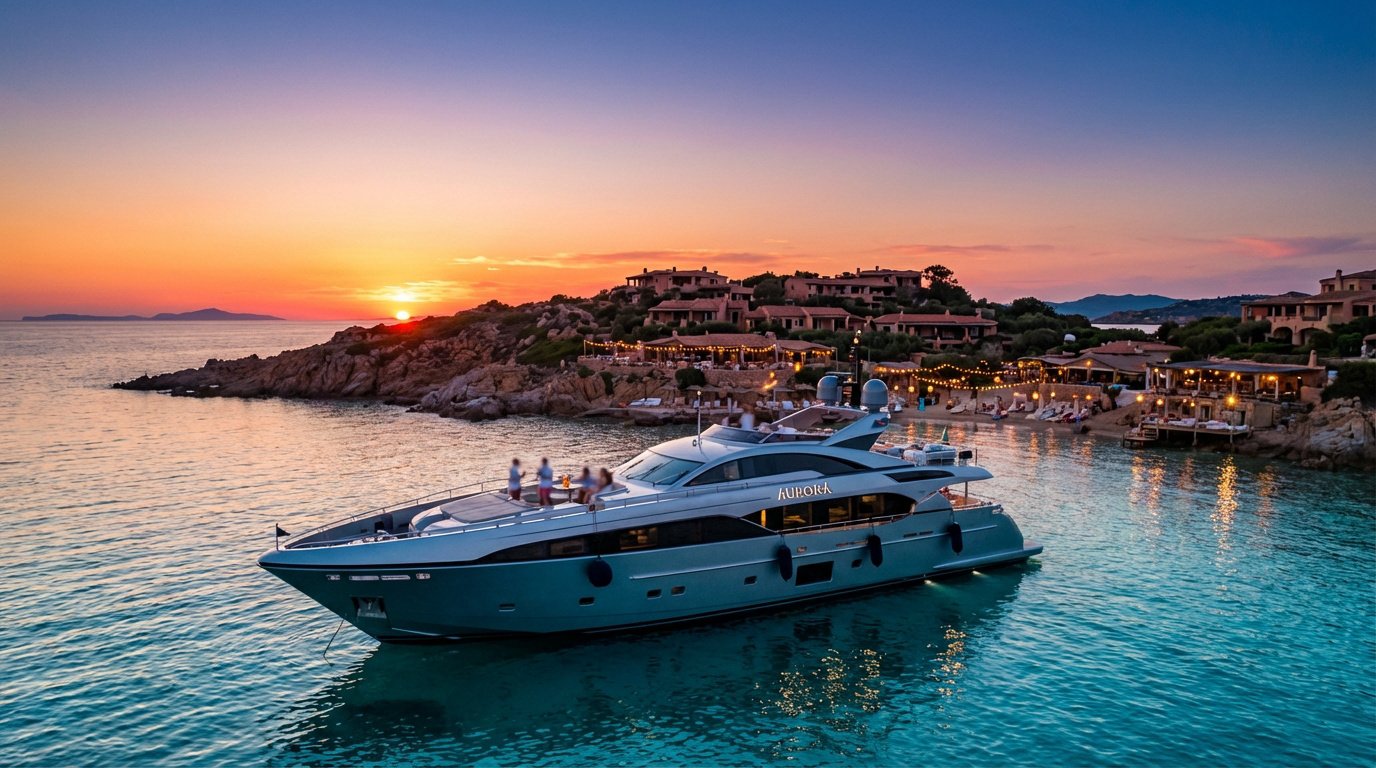 Yacht "Aurora" en mer turquoise devant un village festif méditerranéen illuminé au coucher du soleil.