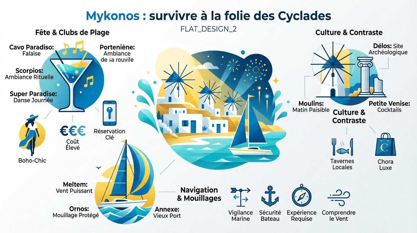 Vue sur les maisons blanches et les moulins de Mykonos en bord de mer