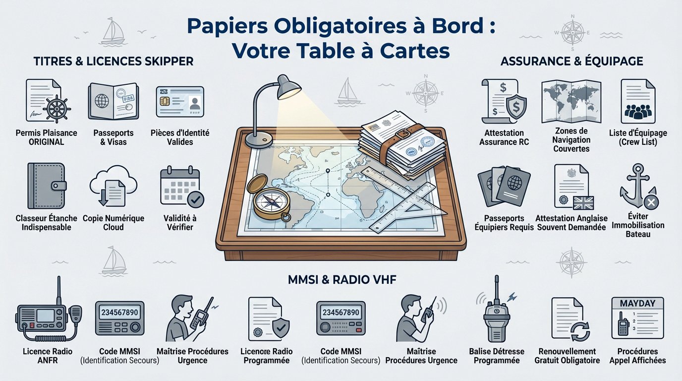 Documents administratifs et titres de navigation obligatoires rangés dans la table à cartes d'un voilier