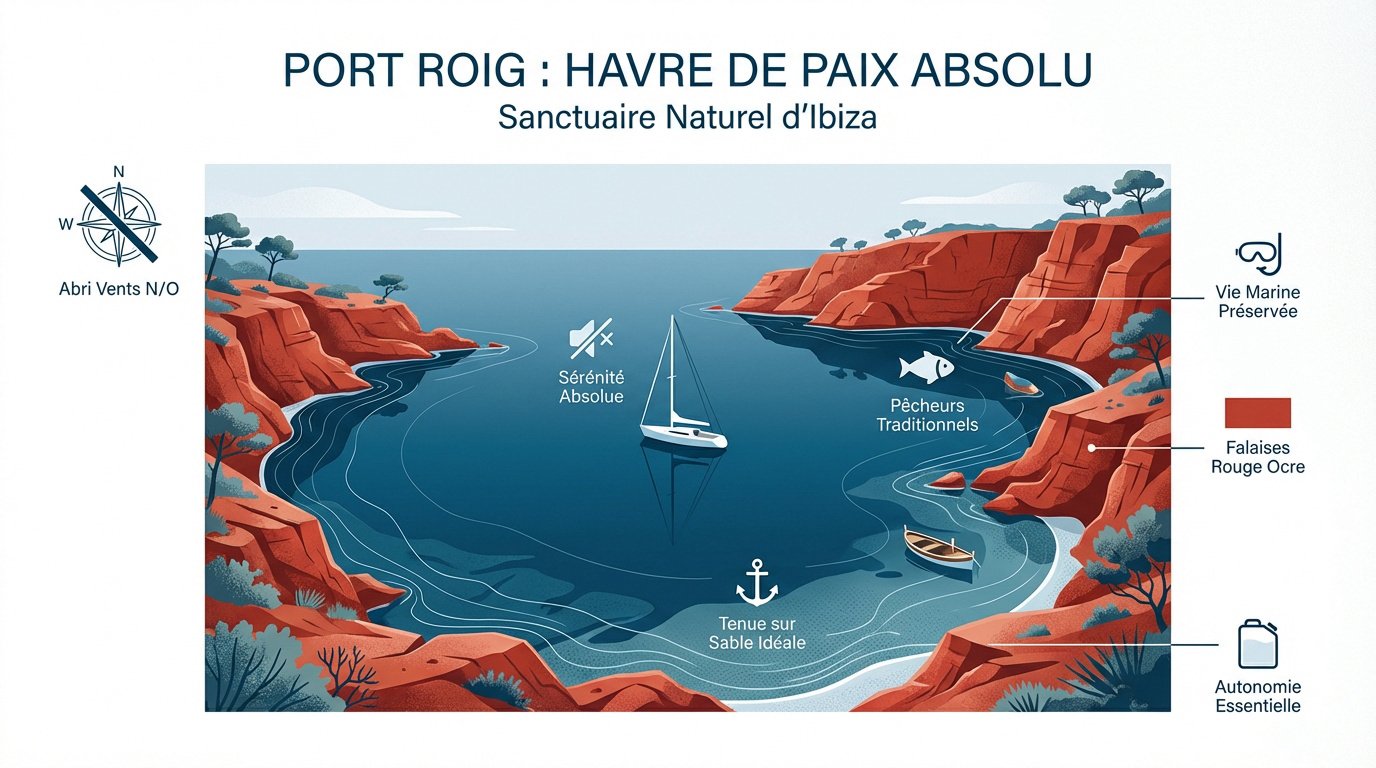 Mouillage paisible devant les falaises rouges de Port Roig à Ibiza