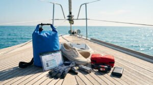 Équipement essentiel (sac étanche, licence, trousse de secours, chaussures) sur le pont d'un voilier en mer sous un ciel bleu.