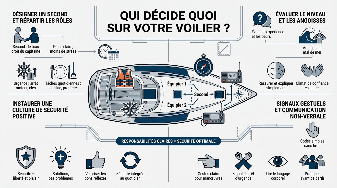 Briefing de sécurité et répartition des rôles sur le pont d'un voilier