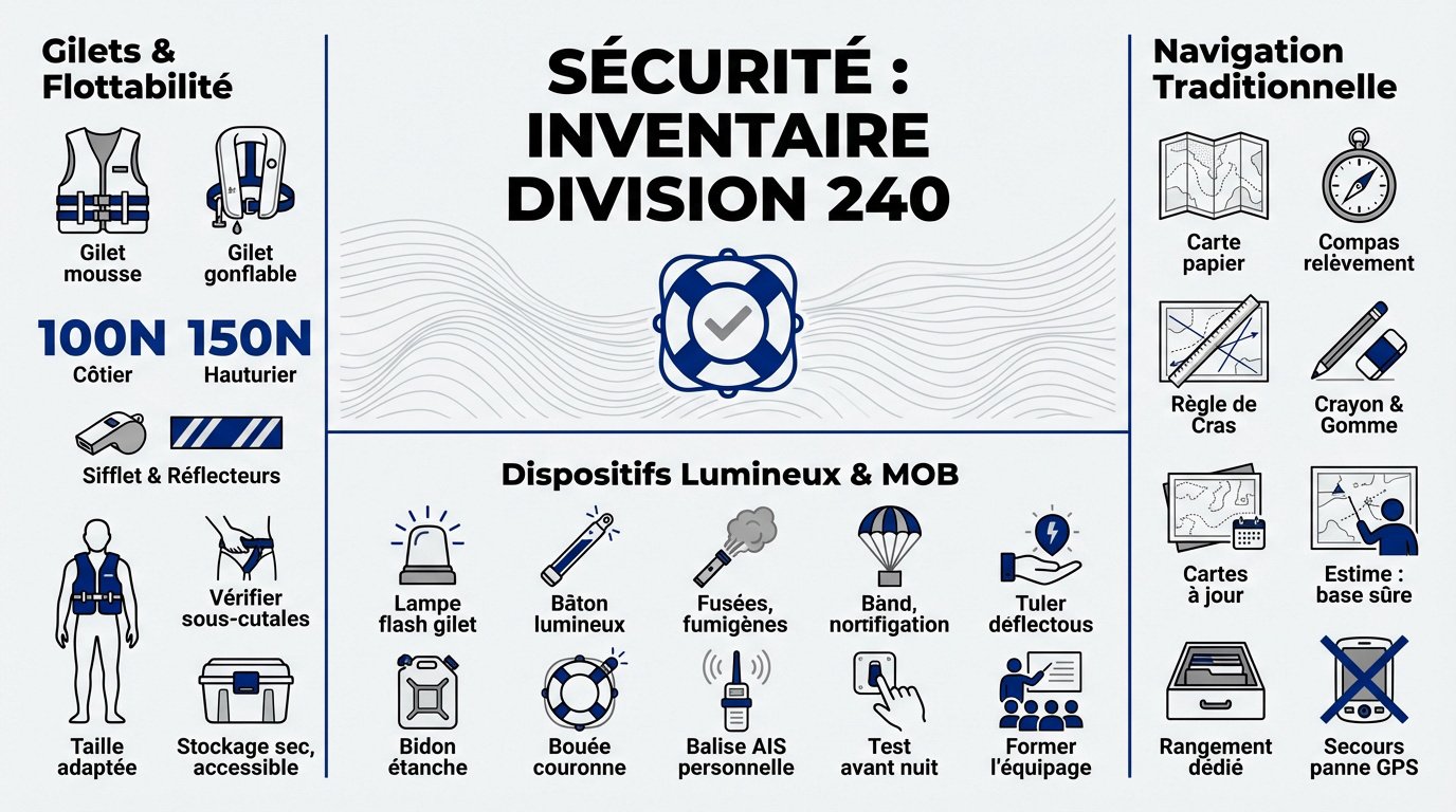 Équipements de sécurité obligatoires sur un voilier selon la Division 240