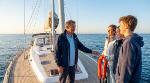 Un skipper instruit trois passagers sur la sécurité d'un voilier, avec une femme tenant un gilet de sauvetage orange.
