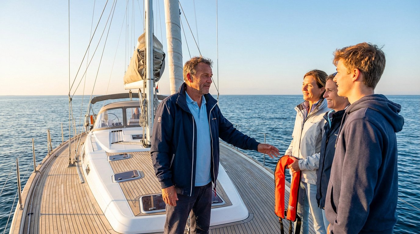Un skipper instruit trois passagers sur la sécurité d'un voilier, avec une femme tenant un gilet de sauvetage orange.
