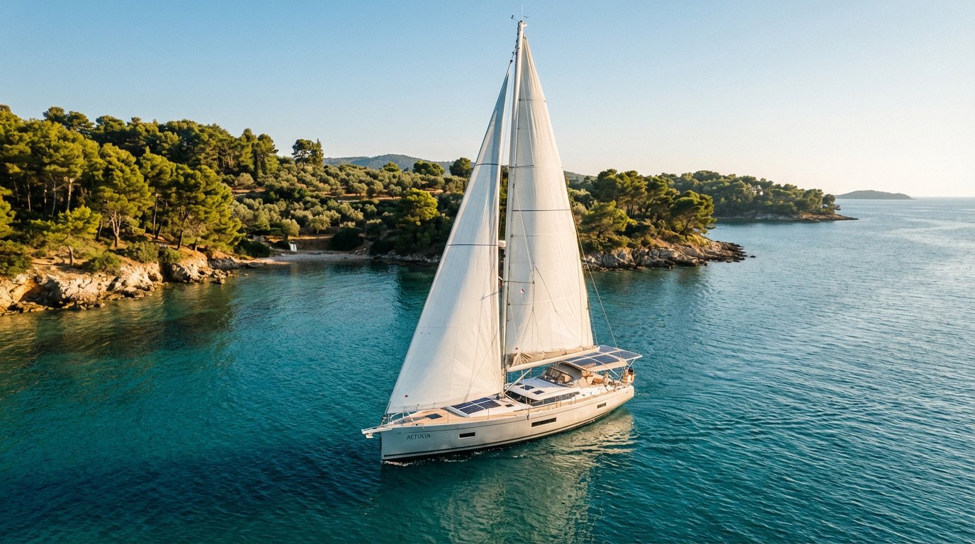 Voilier AETUCIA équipé de panneaux solaires, naviguant sur une mer turquoise calme près d'une côte boisée de pins.