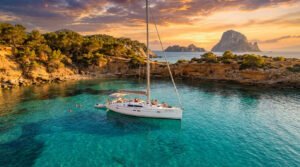 Voilier ancré dans une crique turquoise d'Ibiza au coucher du soleil, avec nageurs et l'île d'Es Vedrà en arrière-plan.