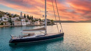 Grand voilier bleu ancré dans une baie grecque, devant un village blanc au coucher du soleil vibrant.