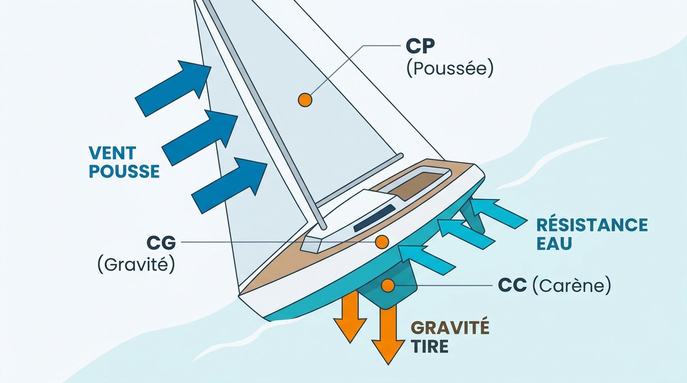 Schéma technique montrant l'interaction entre le centre de gravité et le centre de carène d'un voilier incliné en mer