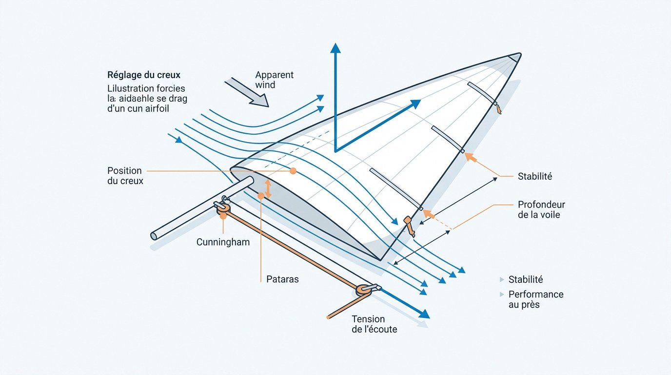 Schéma technique des tensions et réglages aérodynamiques sur une grand-voile de voilier
