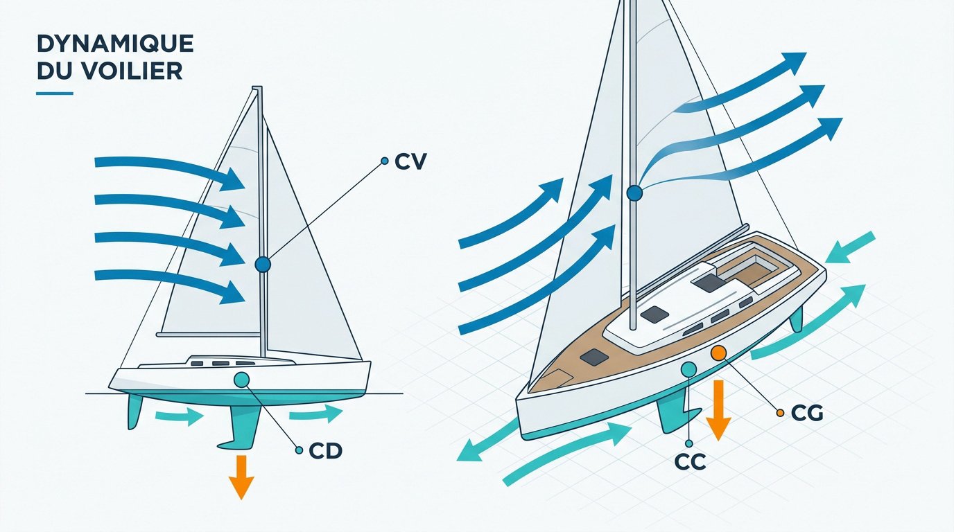 Schéma des forces aérodynamiques et hydrodynamiques s'appliquant sur un voilier en navigation