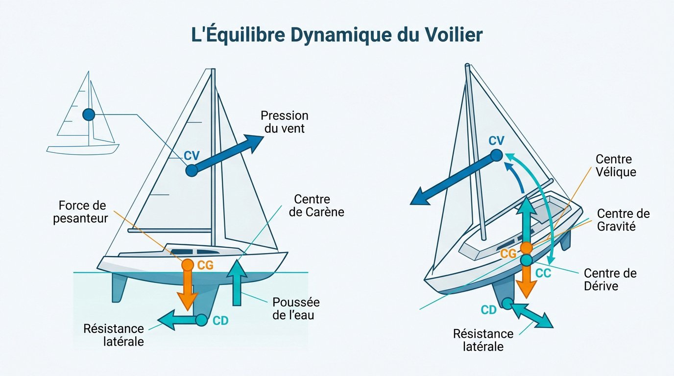 Schéma des forces aérodynamiques et hydrodynamiques agissant sur un voilier en équilibre