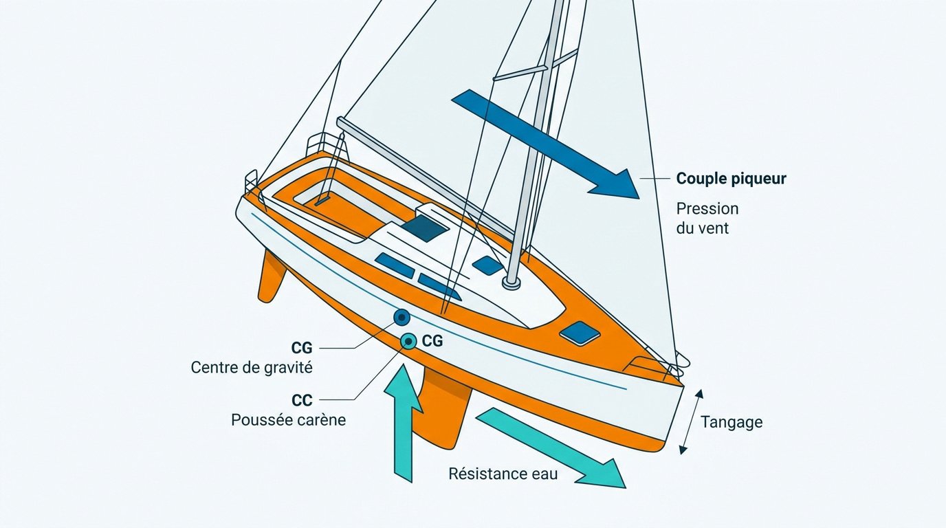 Schéma des forces aérodynamiques et hydrodynamiques agissant sur un voilier en tangage