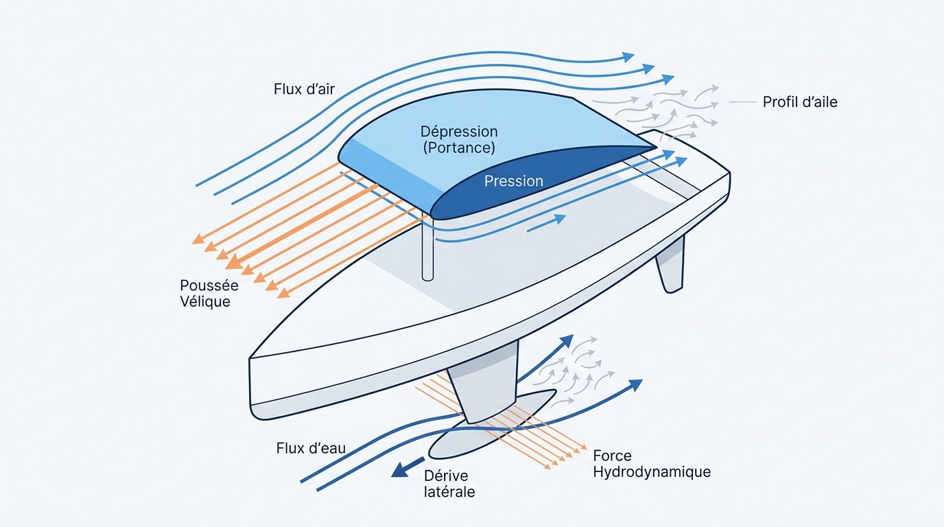 Schéma isométrique détaillant les forces aérodynamiques et hydrodynamiques sur un voilier en navigation