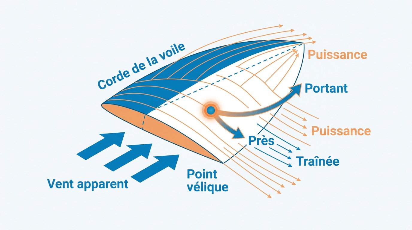 Schéma des forces aérodynamiques portance et traînée sur une voile de voilier
