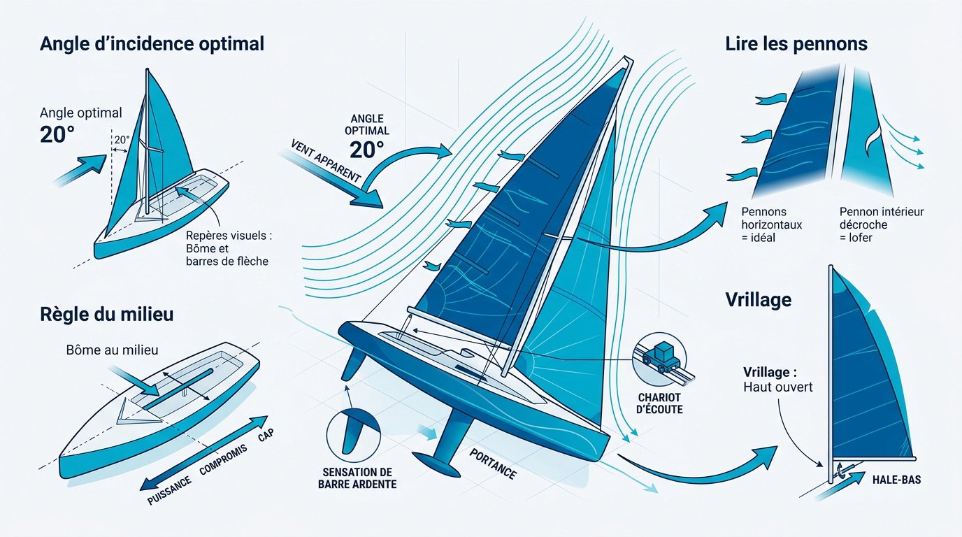 Infographie expliquant les forces aérodynamiques et les réglages pour remonter au vent en voilier