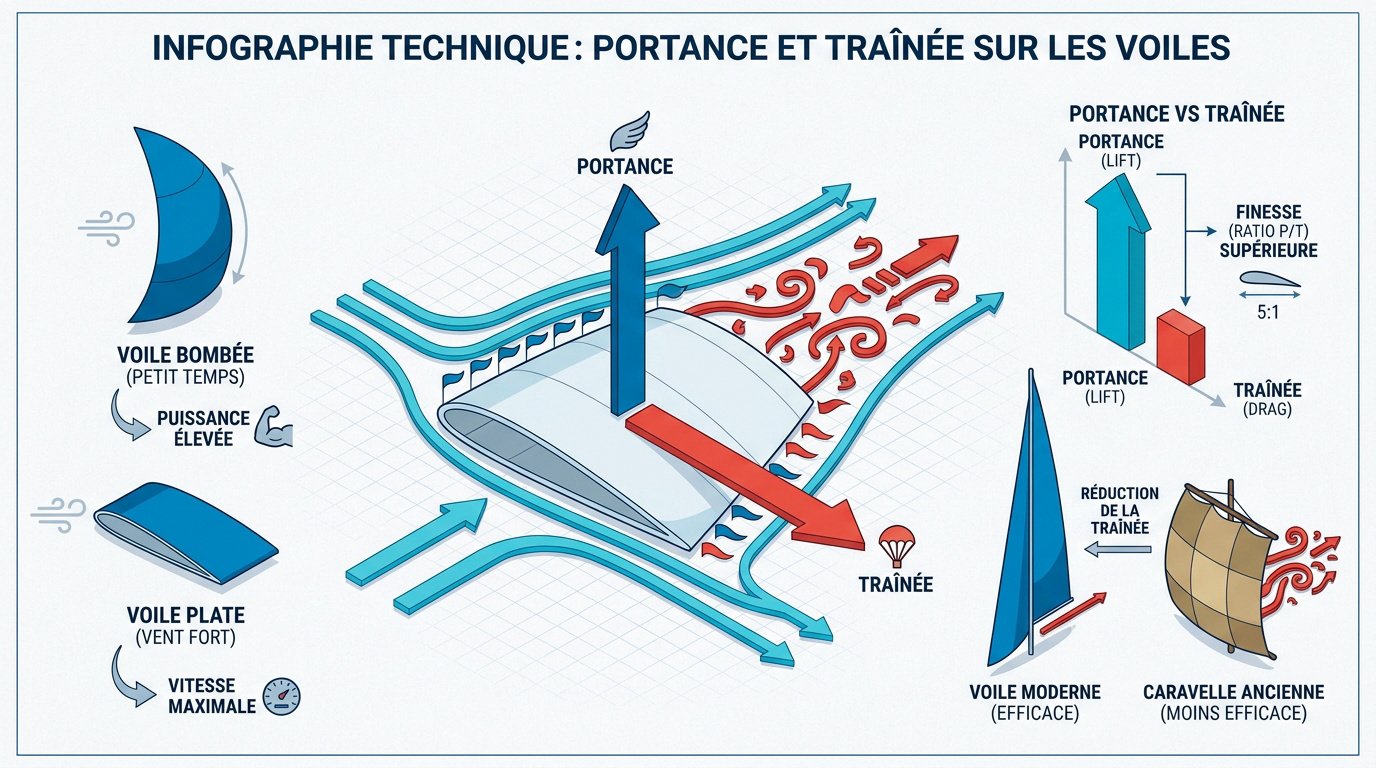 Infographie expliquant les forces de portance et de traînée sur une voile de voilier au près