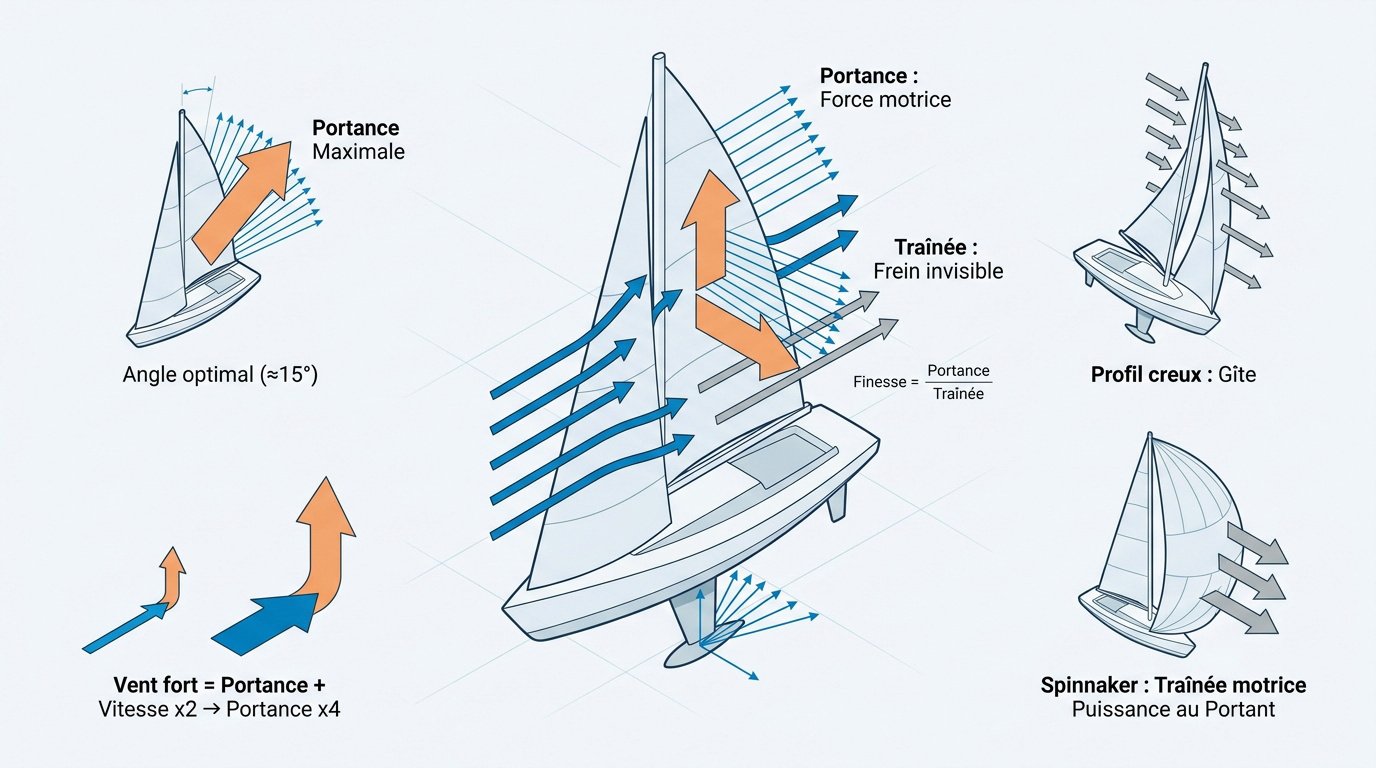 Schéma aérodynamique expliquant la portance et la traînée sur une voile de voilier