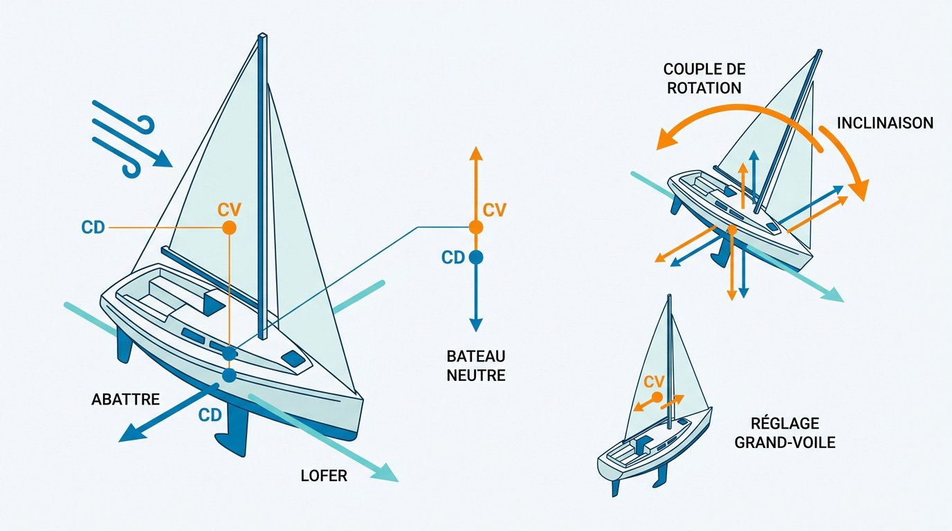 Schéma technique illustrant l'alignement du centre vélique et du centre de dérive sur un voilier en navigation