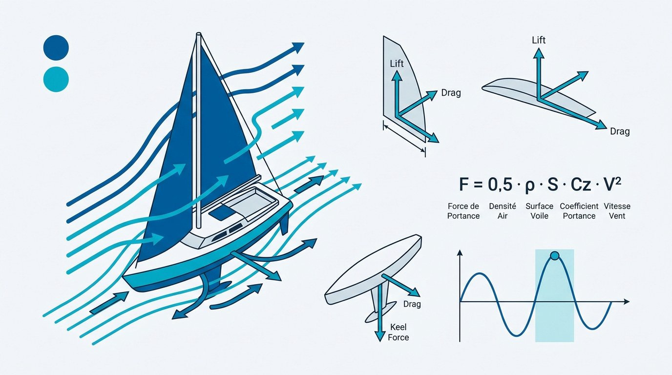 Schéma des forces aérodynamiques et hydrodynamiques permettant à un voilier de remonter au vent