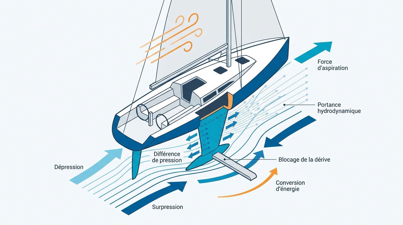 Schéma des forces de portance hydrodynamique sur la quille d'un voilier