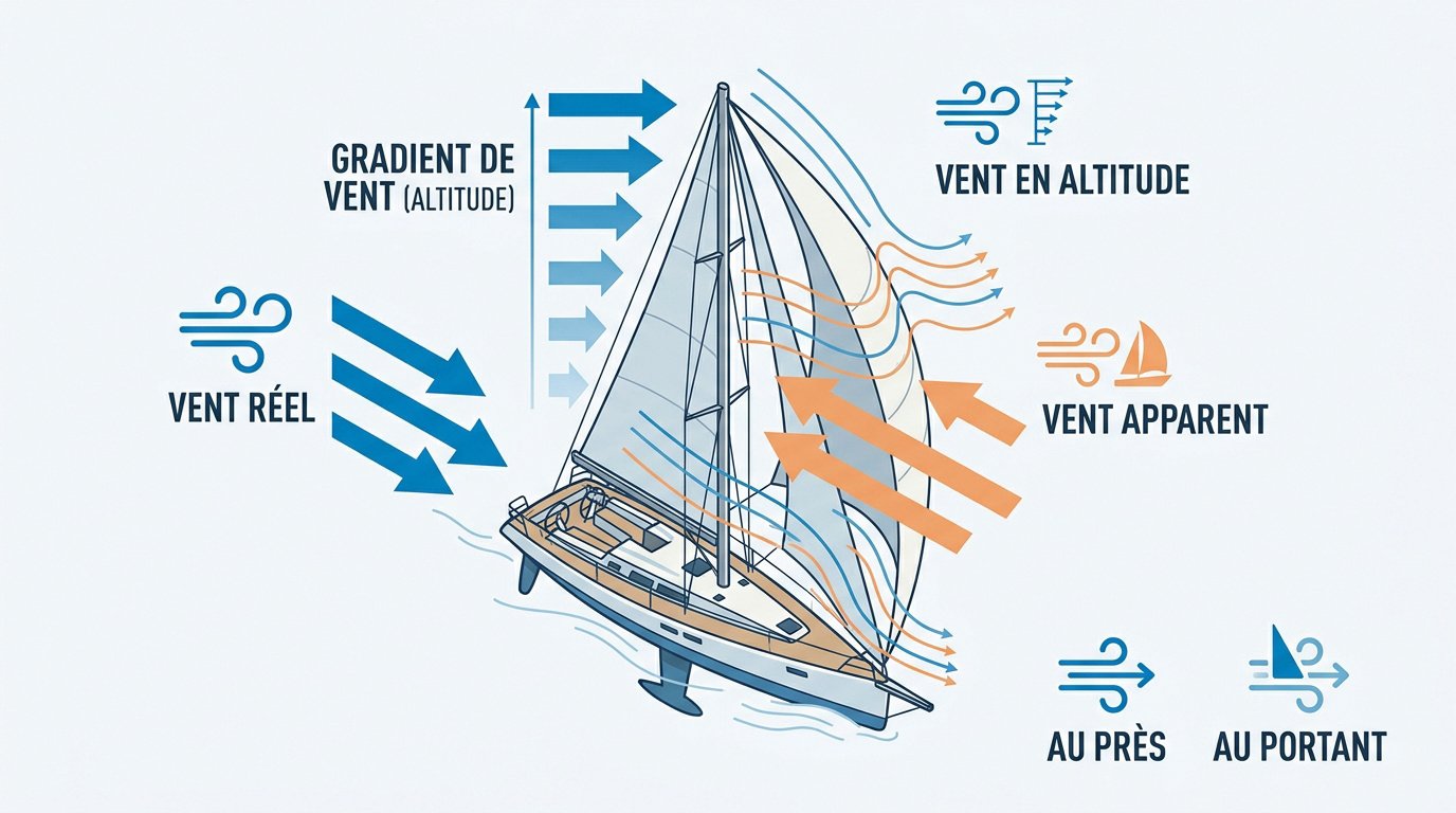 Schéma des vecteurs de vent apparent et vent réel sur un voilier en navigation