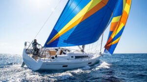Un voilier blanc naviguant en mer avec une grande voile de spi aux couleurs bleu, jaune et orange sous un ciel clair.
