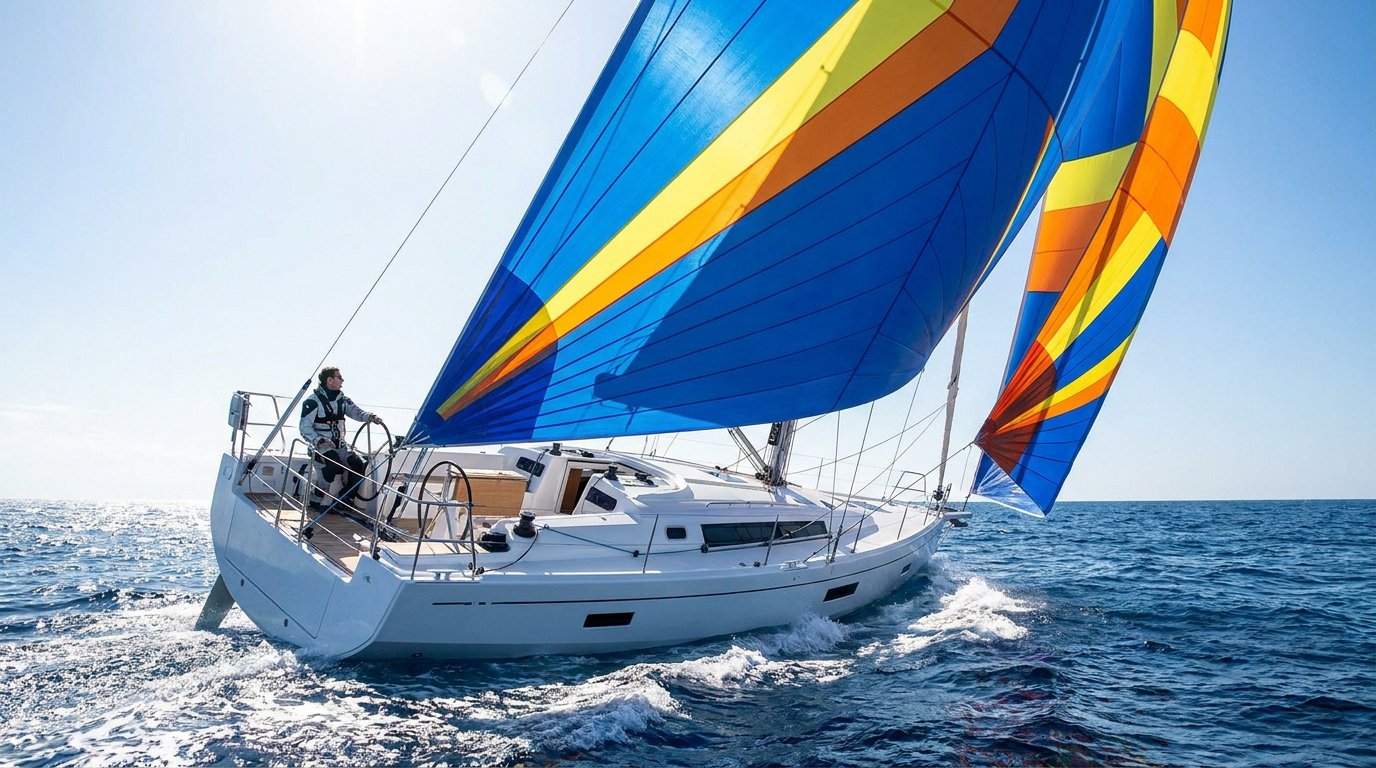 Un voilier blanc naviguant en mer avec une grande voile de spi aux couleurs bleu, jaune et orange sous un ciel clair.