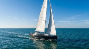 Un voilier moderne à coque sombre nommé "Aurora" naviguant à la voile sur une mer bleue sous un ciel dégagé.
